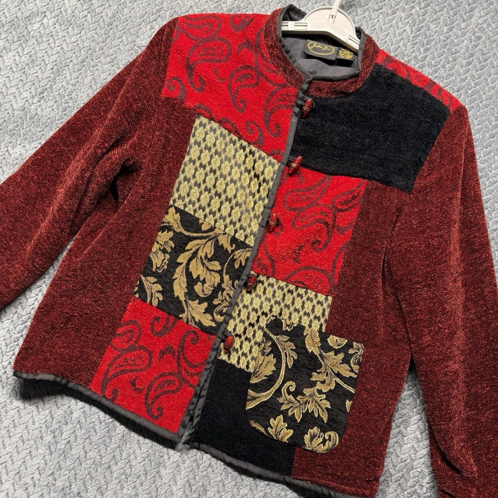 Julia Kim Patchwork Chenille Jacket M Red Tapestry Gold Beaded Buttons India